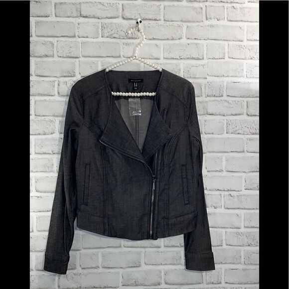 H for Halston Dark Grey Stretch Chambray Motorcycle Jacket Zippers Retro - Picture 1 of 6